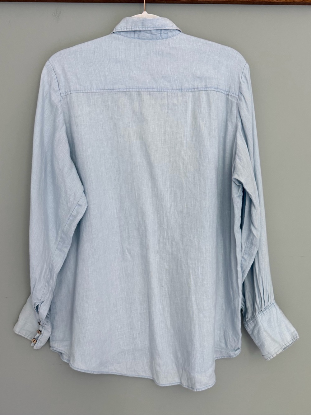 Raw + Flow Handmade 100% Linen Blue Balloon Sleeve Long Sleeve Button Down Shirt - Picture 9 of 15